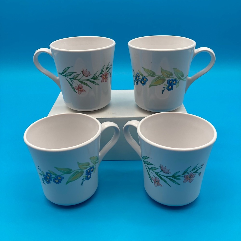 Set of 4 Vintage CorningWare Corelle My Garden Mugs Pink Blue Floral Coffee Cups